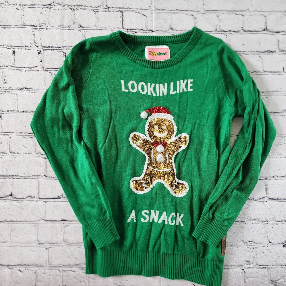 Tipsy Elves Lookin Like A Snack Small Gingerbread Ugly Christmas Sweater Green